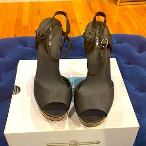 Black Leather Cork heel wedges